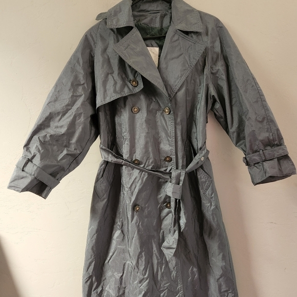 Vintage Fleet Street Green Rain Trench Jacket Size 4 Lined Double Breasted Flap - Picture 1 of 13